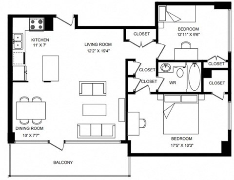 Floor plan for 2 beds, 1 bath, 882 sqft